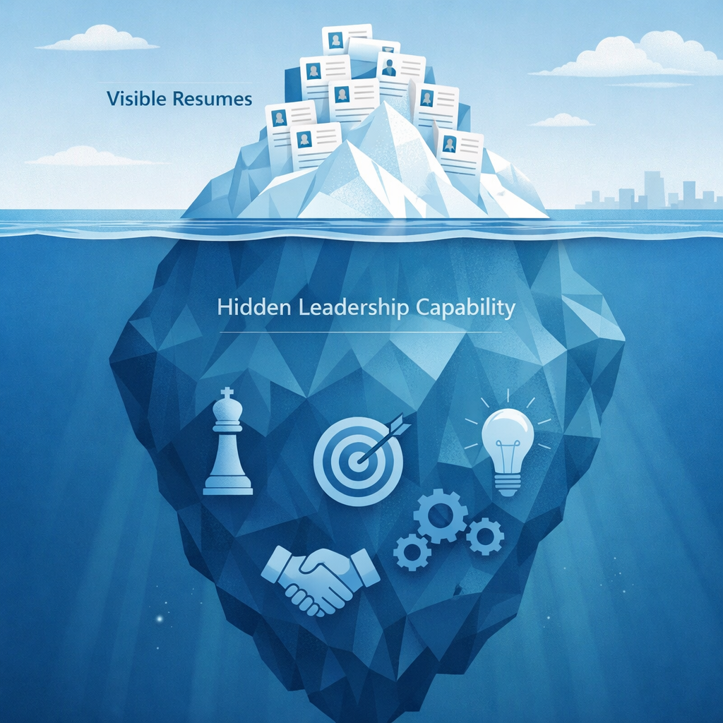 Conceptual iceberg illustration representing executive talent many visible resumes above water but deeper leadership capability hidden beneath the sur-1