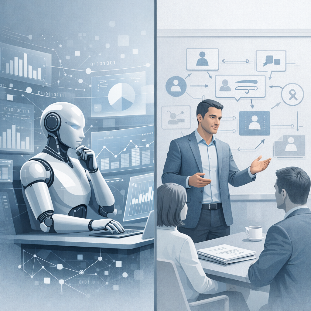 Split conceptual illustration showing artificial intelligence analyzing large volumes of data on one side and human leadership judgment interpreting c