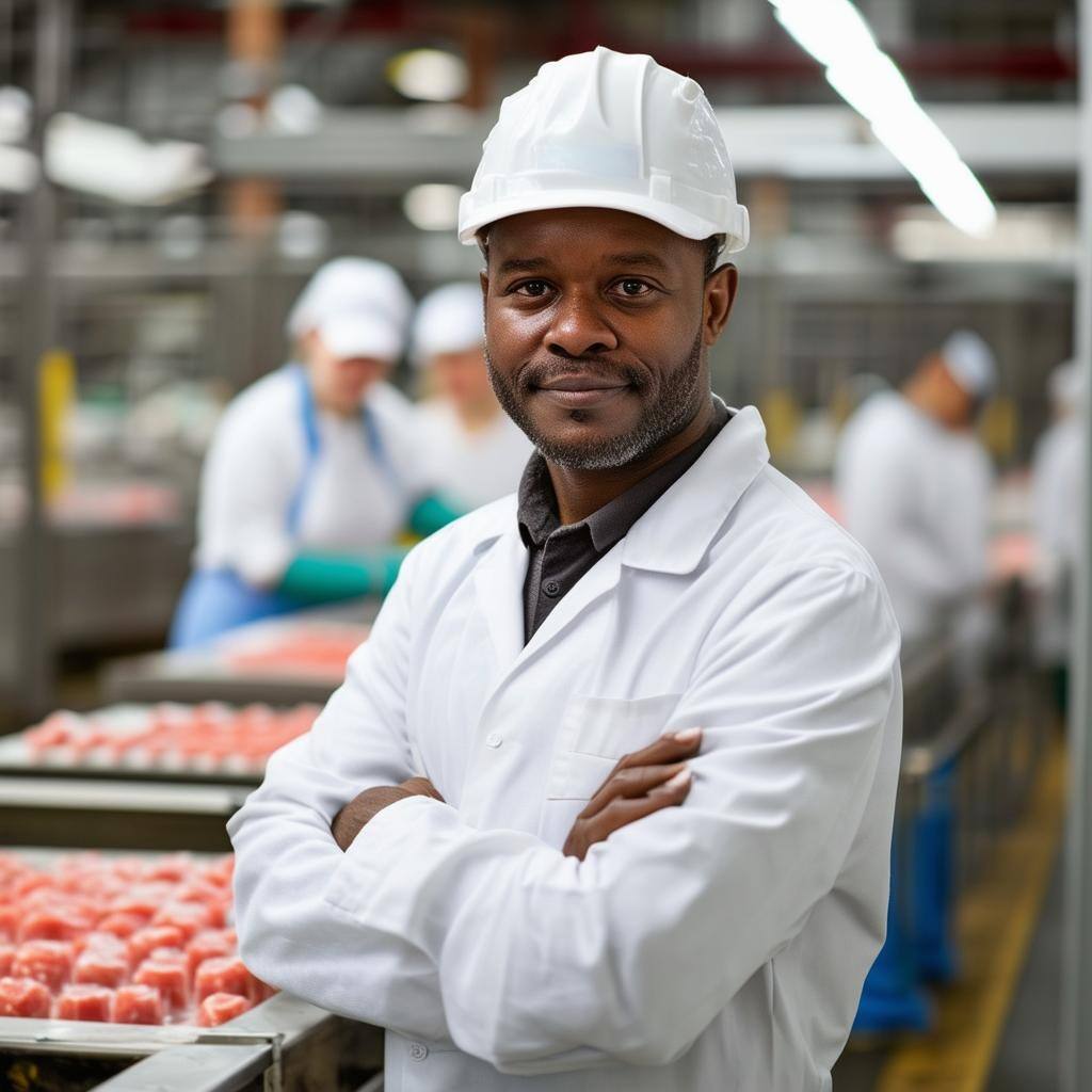 food manufacturing supervisor in a food processing plant with workers in background